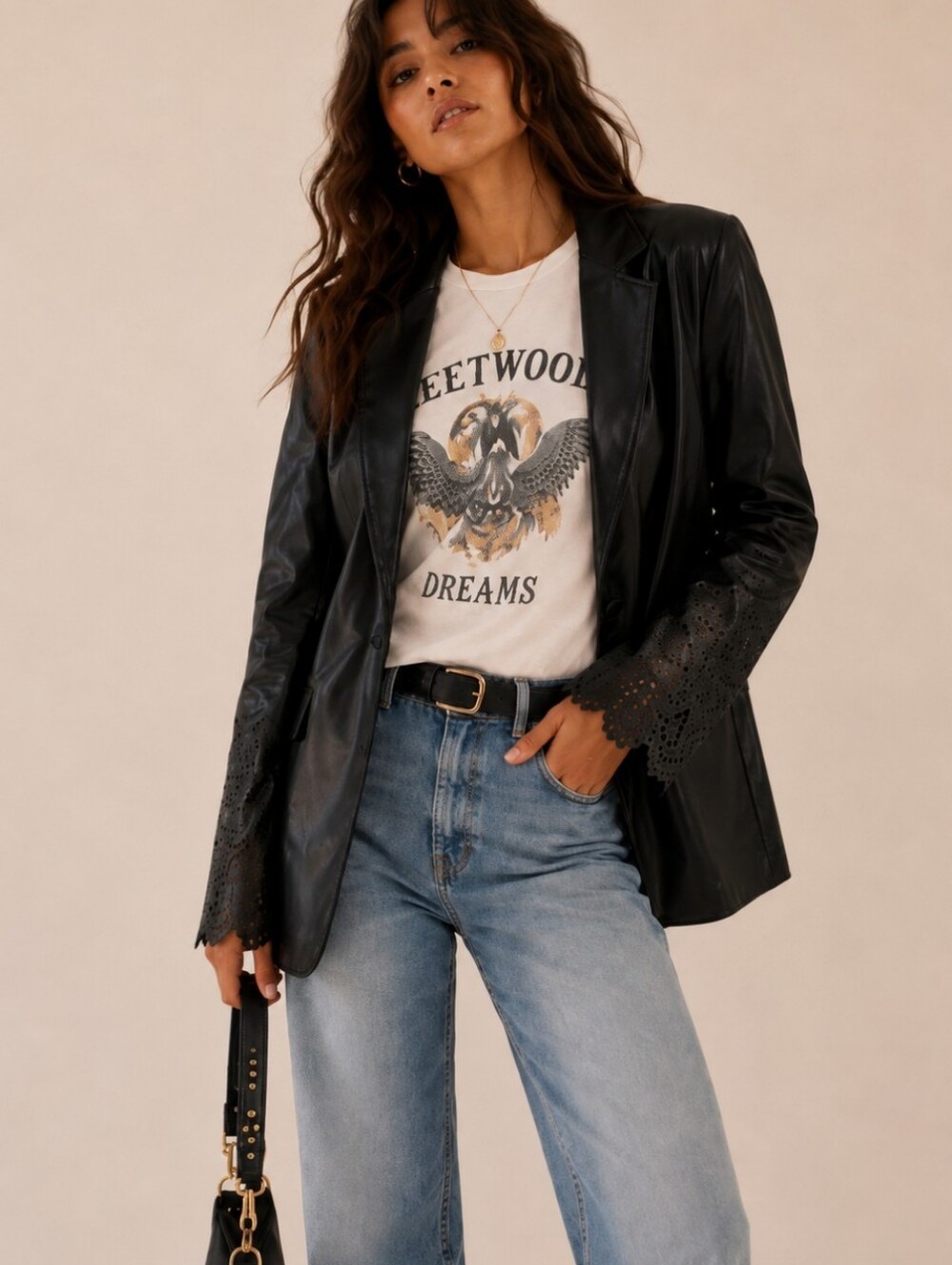 Anthropologie Maeve Eyelet Sleeve Black Faux Leather Blazer